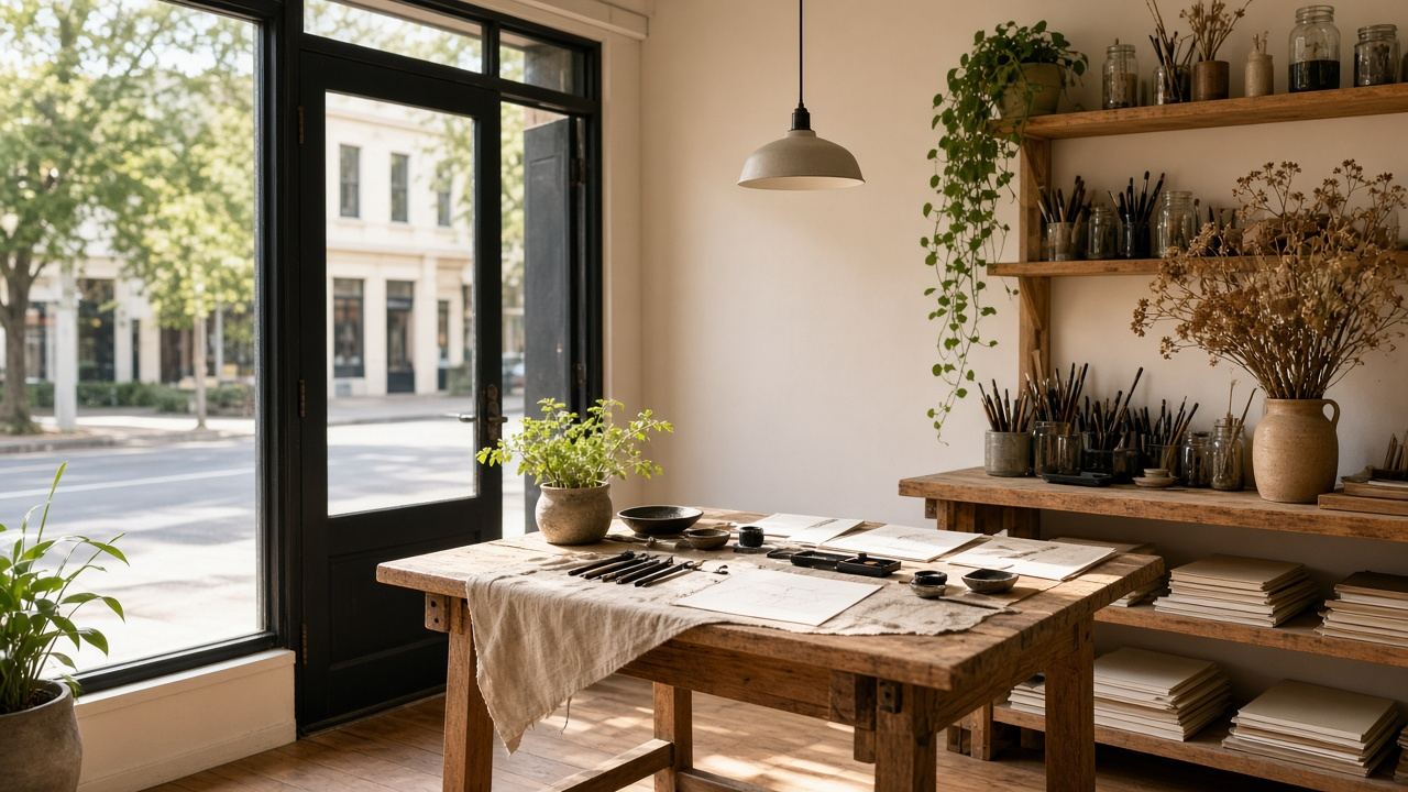 Calligraphy / lettering studio workspace at Studio Steady Vortex